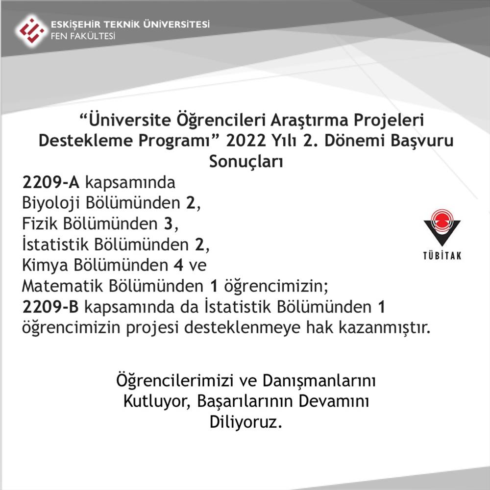 Fakültemiz Öğrencilerinin Araştırma Projeleri Destekleme Programı 2022/2 Dönem Başarısı
